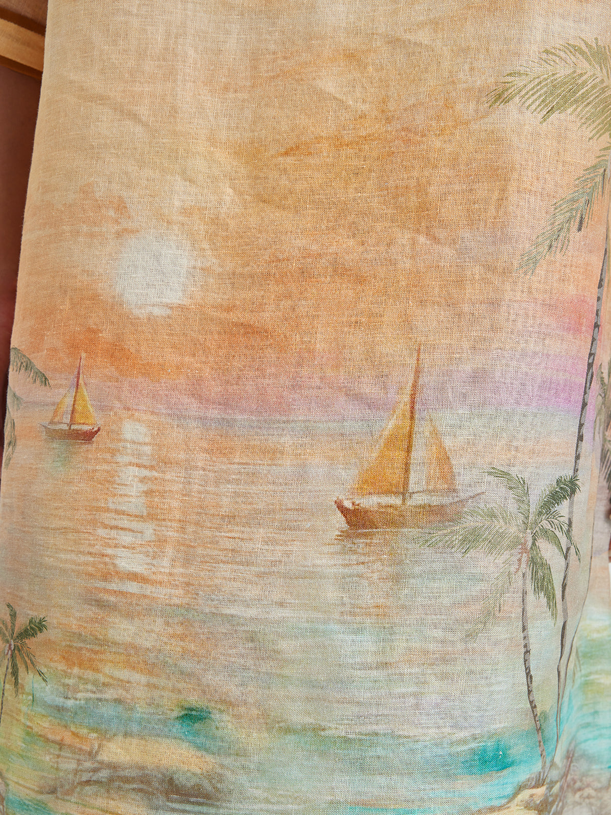 Linen Flared Sleeves Beach Print Dress