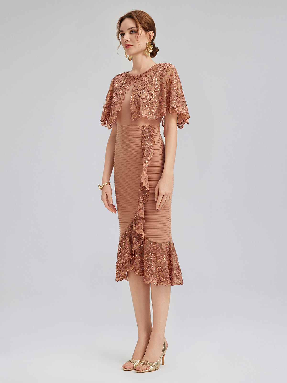 Sequin Ruffle Stretch Fitted Dress