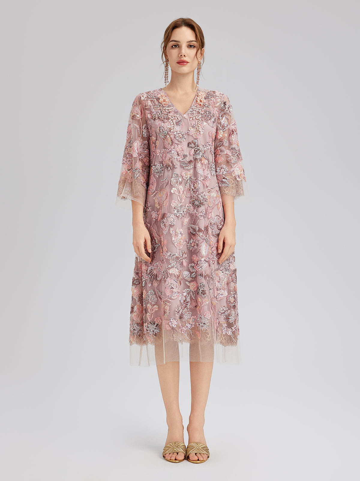 V-Neck Embroidered Sequin Floral Dress