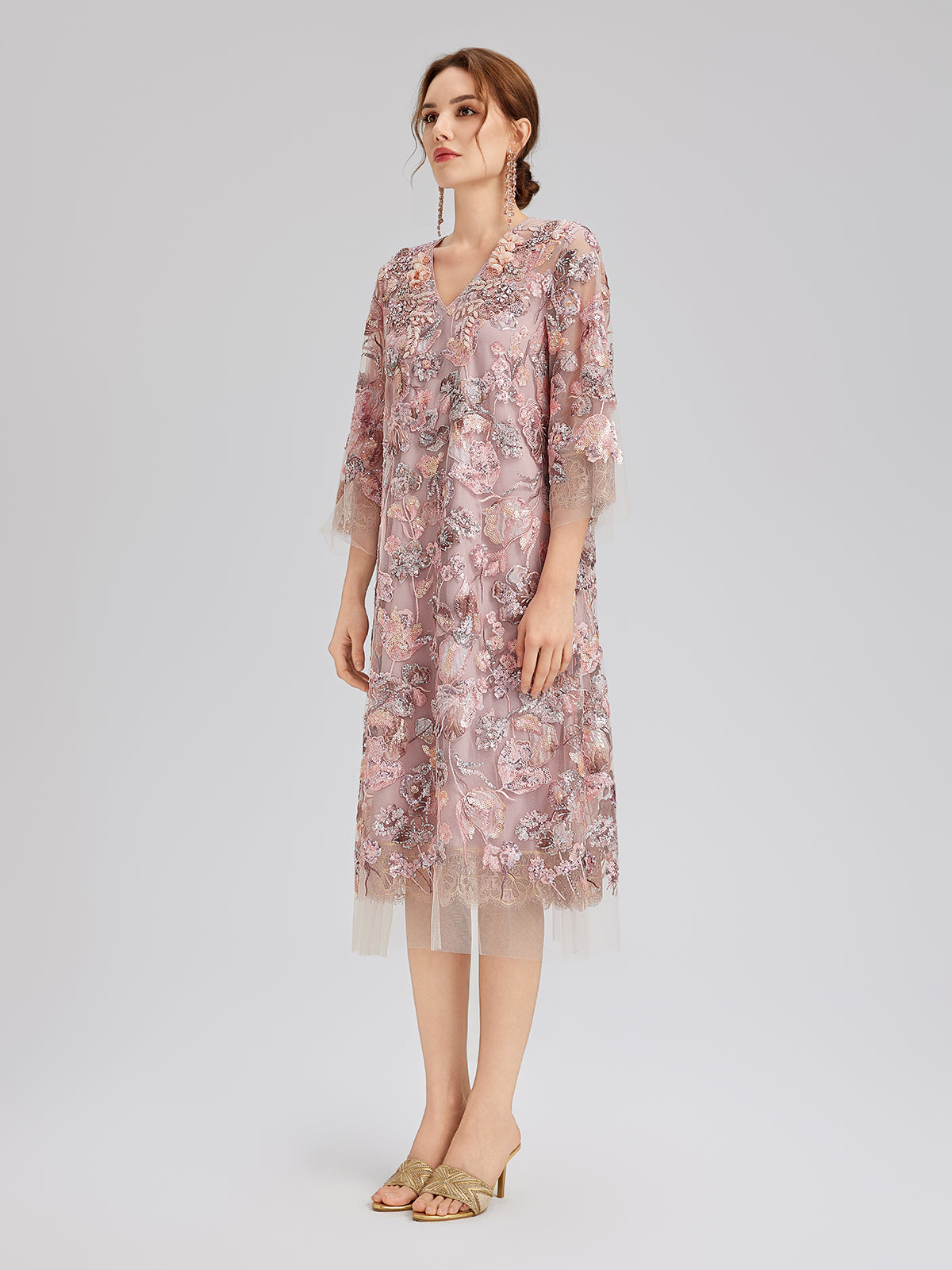 V-Neck Embroidered Sequin Floral Dress