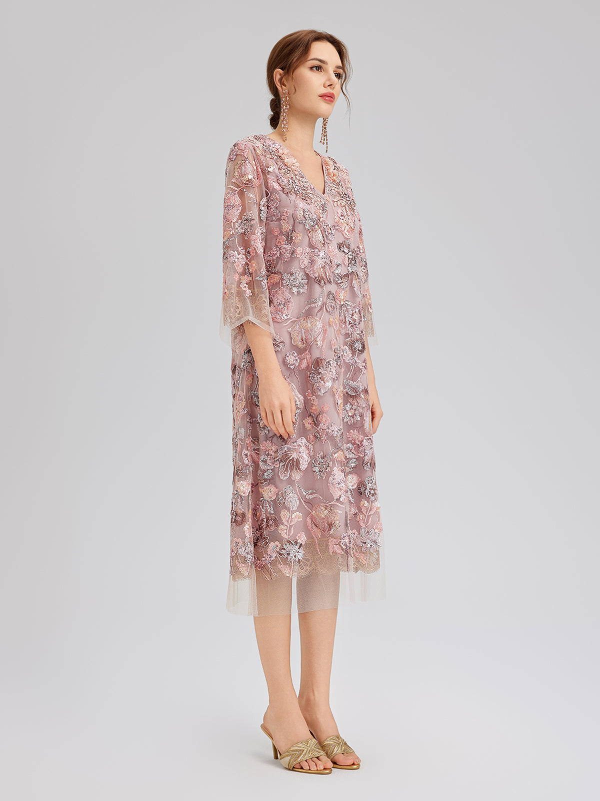 V-Neck Embroidered Sequin Floral Dress
