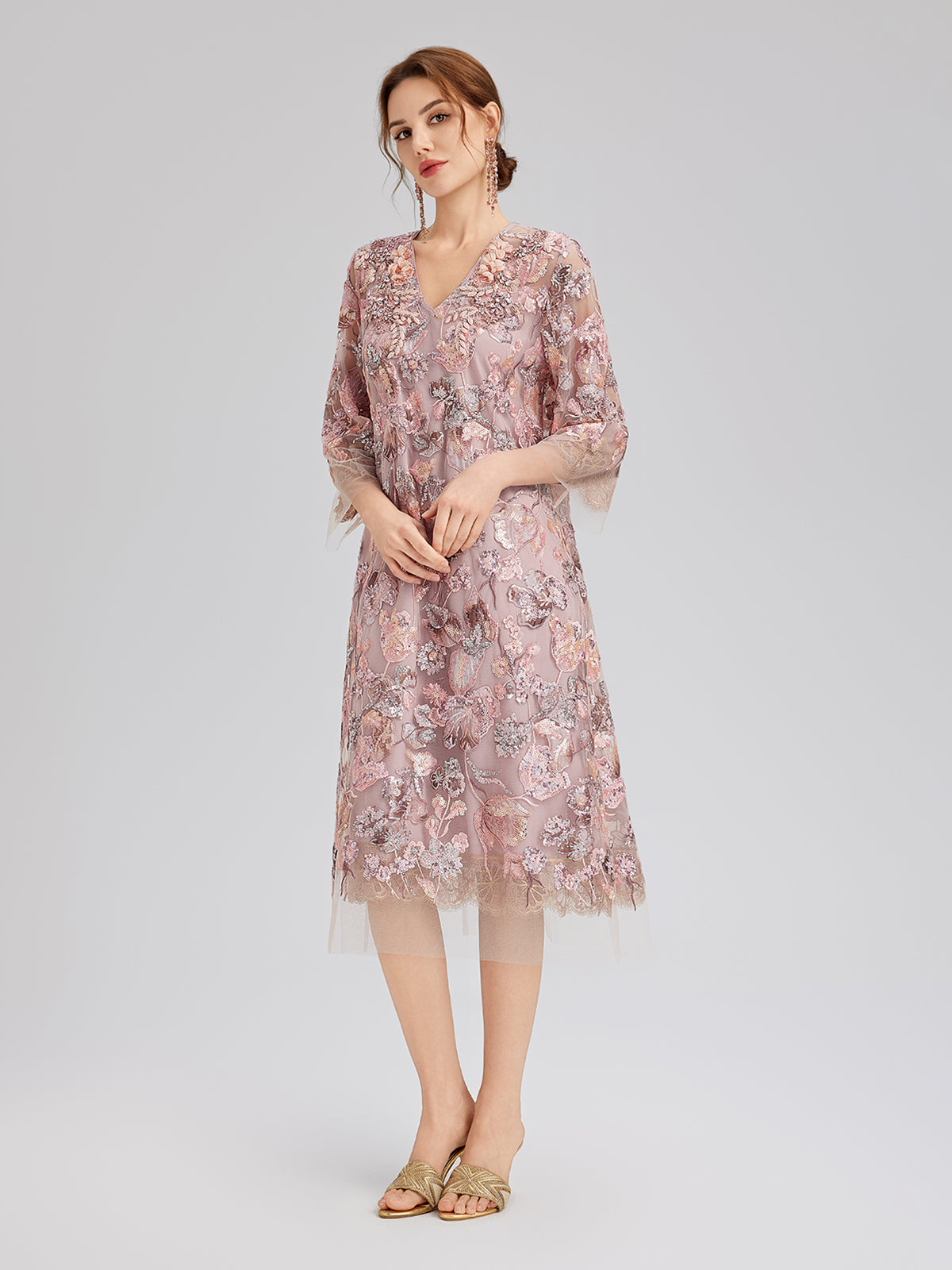 V-Neck Embroidered Sequin Floral Dress