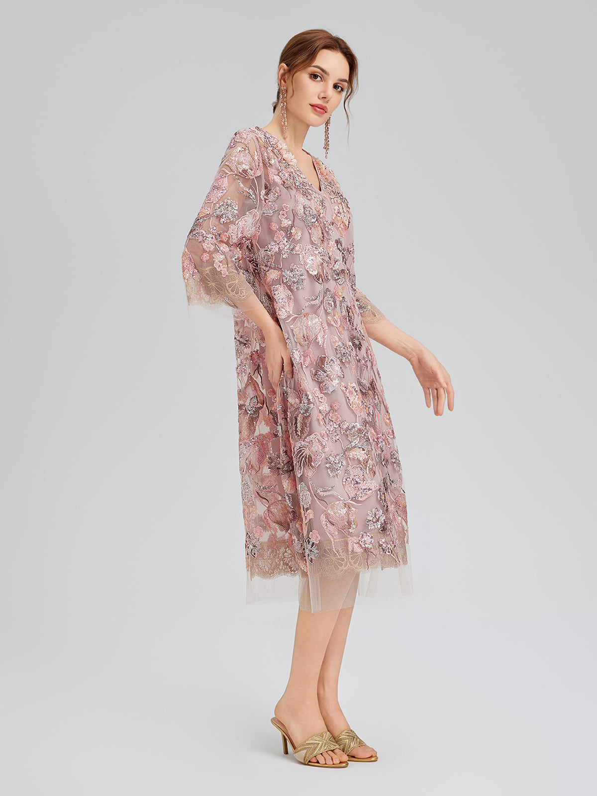 V-Neck Embroidered Sequin Floral Dress