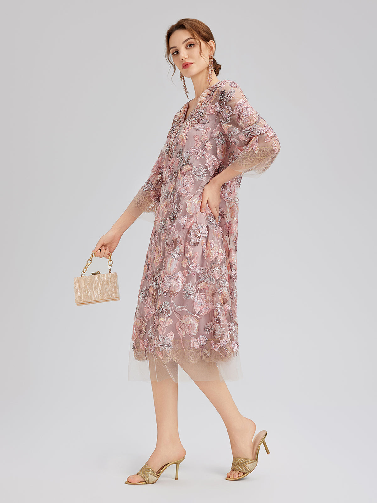 V-Neck Embroidered Sequin Floral Dress