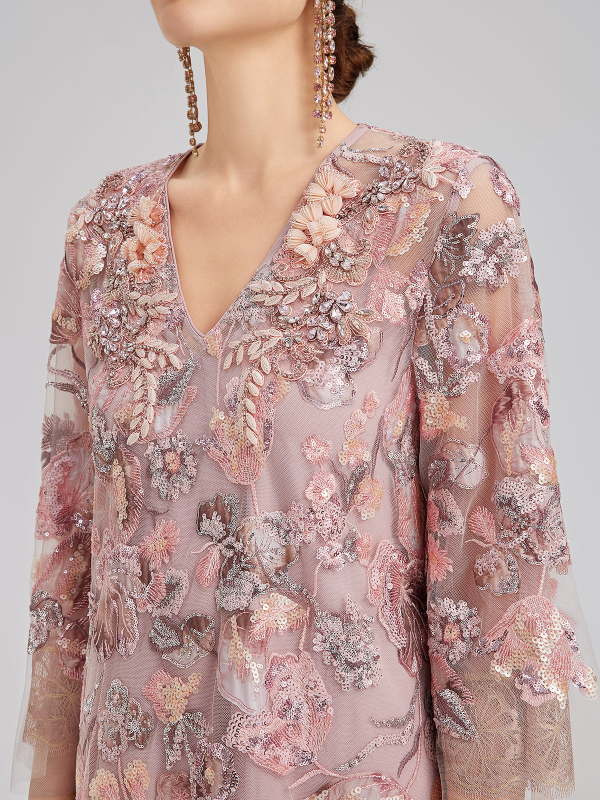 V-Neck Embroidered Sequin Floral Dress