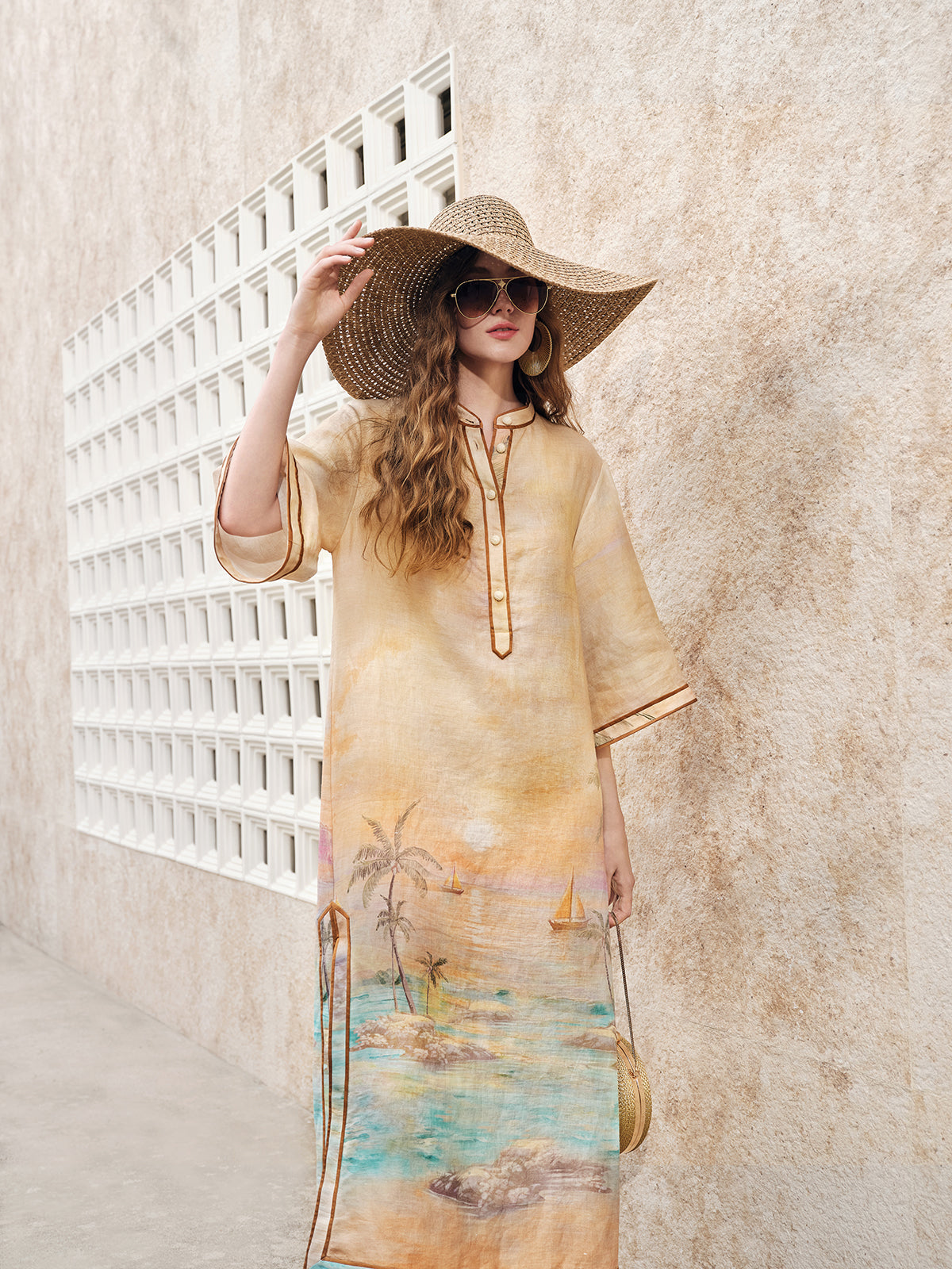 Linen Flared Sleeves Beach Print Dress