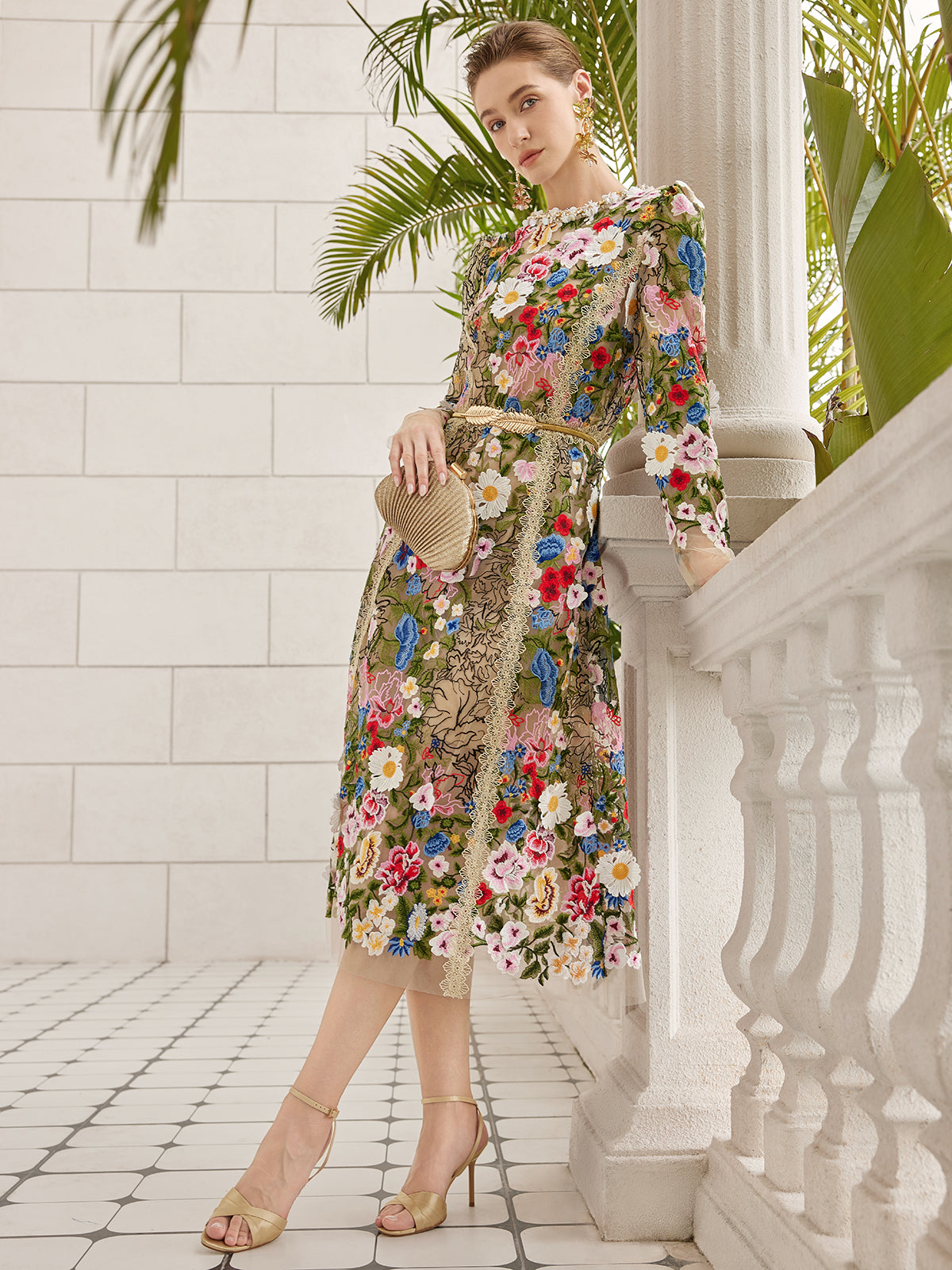 Embroidered Beaded Multicolored Floral Tulle Dress