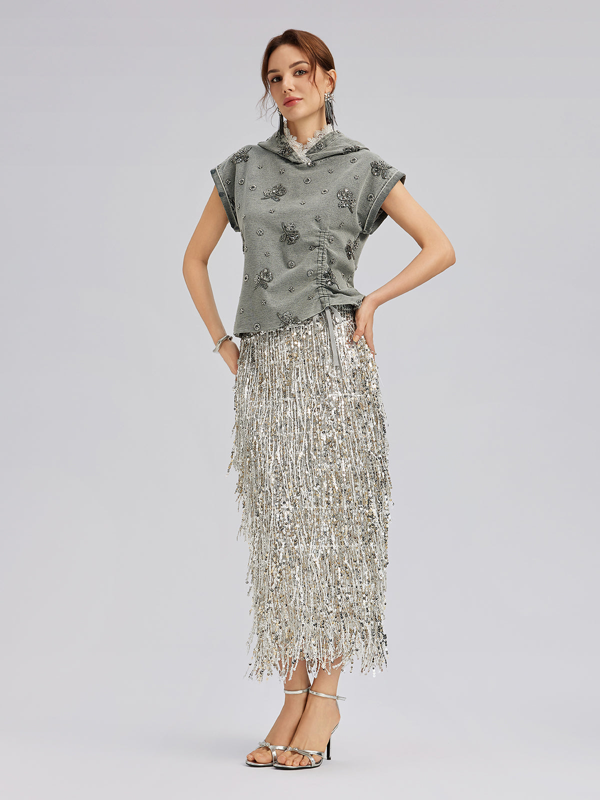 Tassel Sequin Midi Skirt