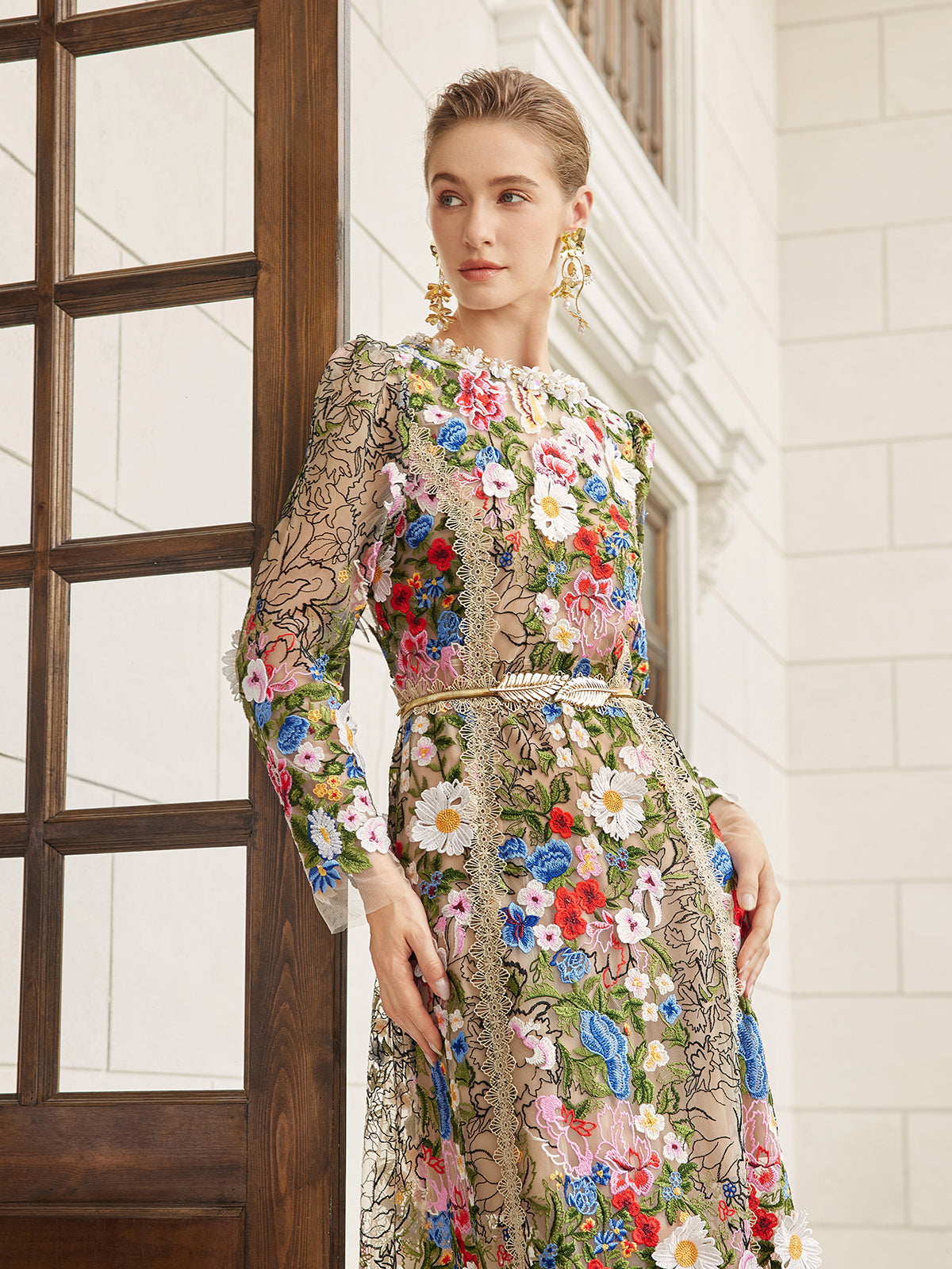 Embroidered Beaded Multicolored Floral Tulle Dress