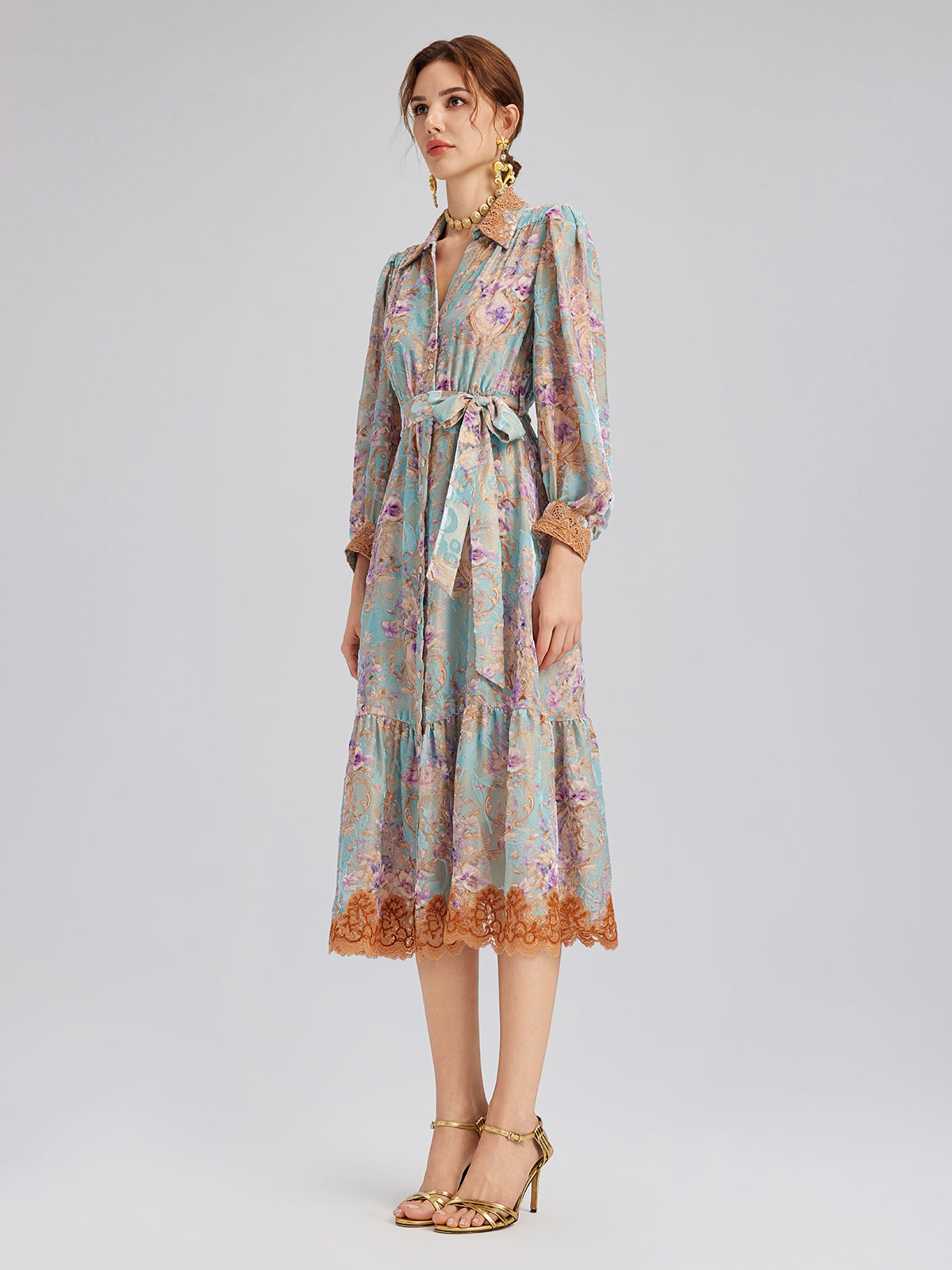 Silk Velvet Devoré Floral Lace Trim Dress (Matching Belt Included)