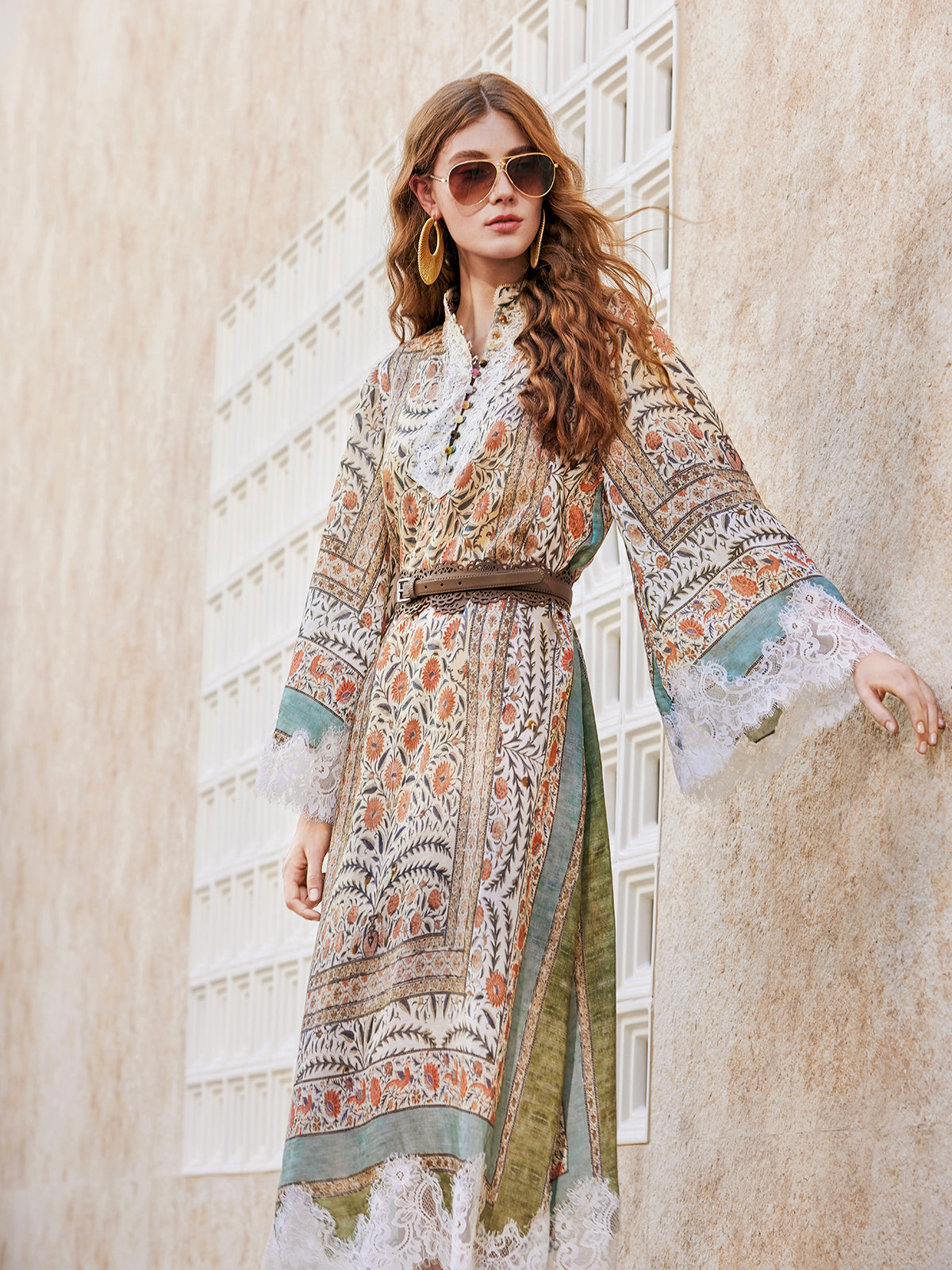 Vintage Botanical Print Lace Dress (Belt Included)