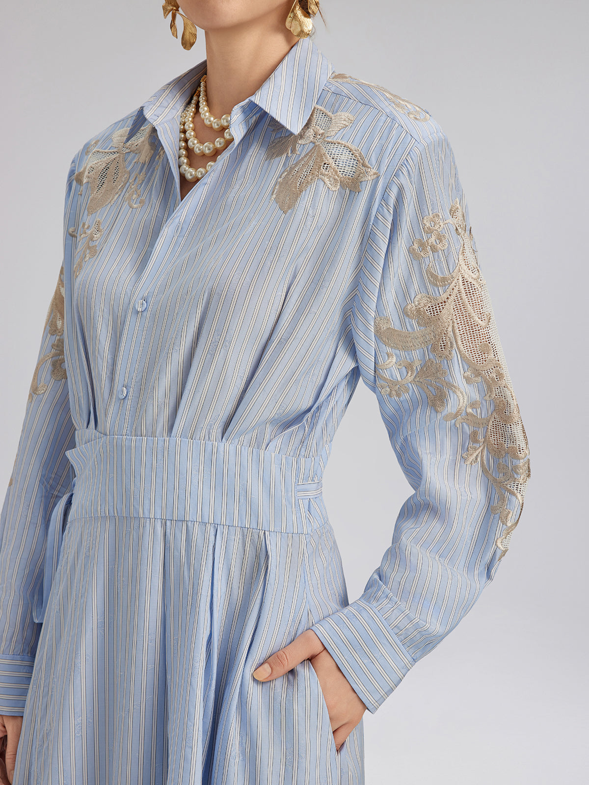 Silk Embroidery Tonal Jacquard Striped Dress