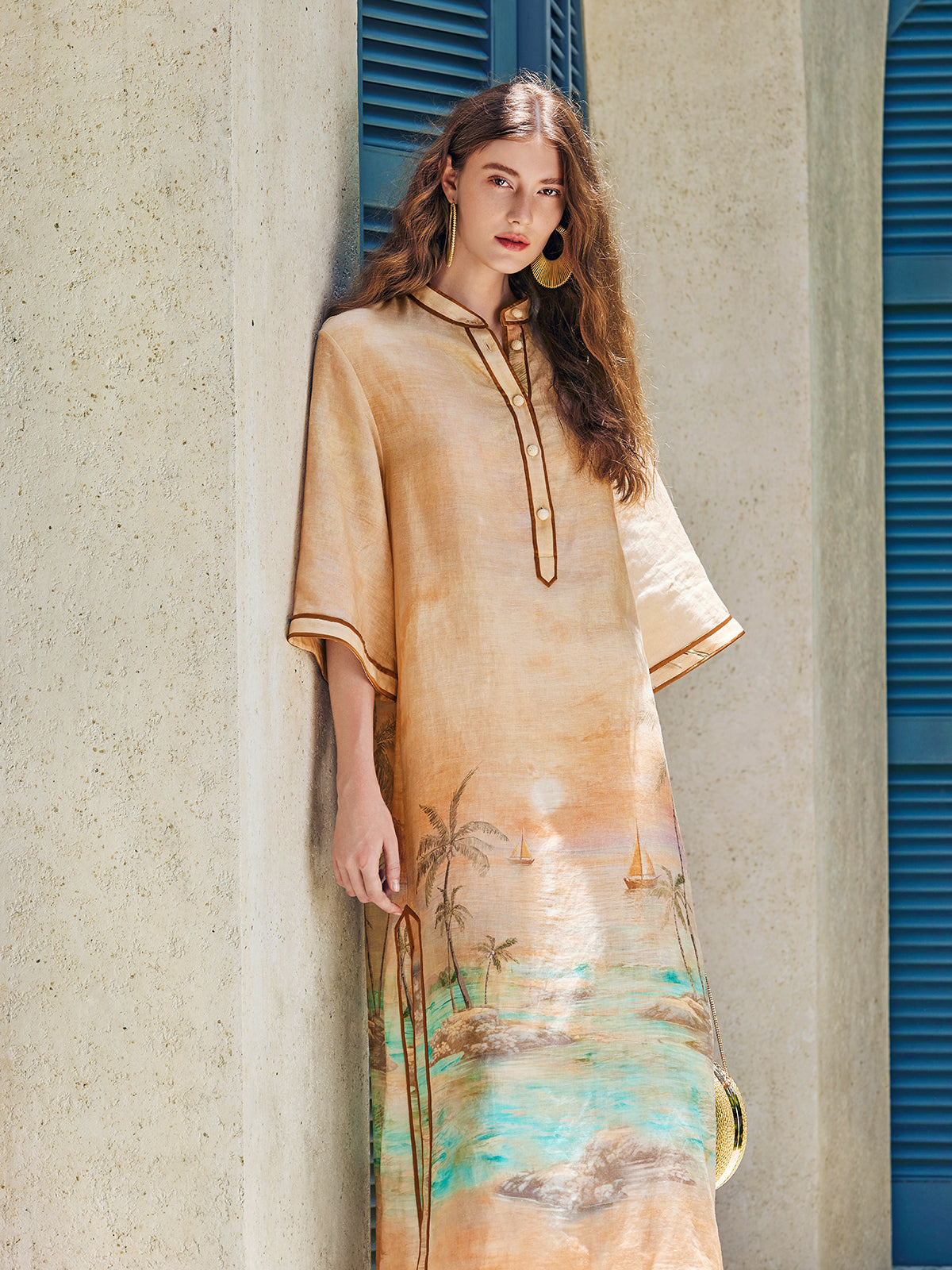 Linen Flared Sleeves Beach Print Dress