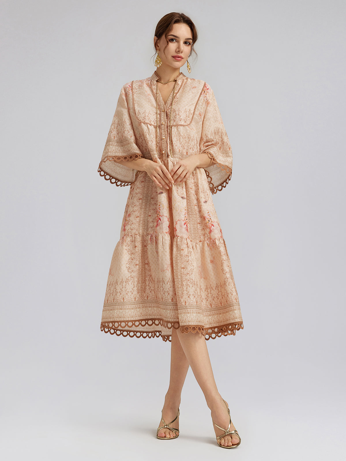 Silk Baroque Print Stand Collar Dress (Belt Included)