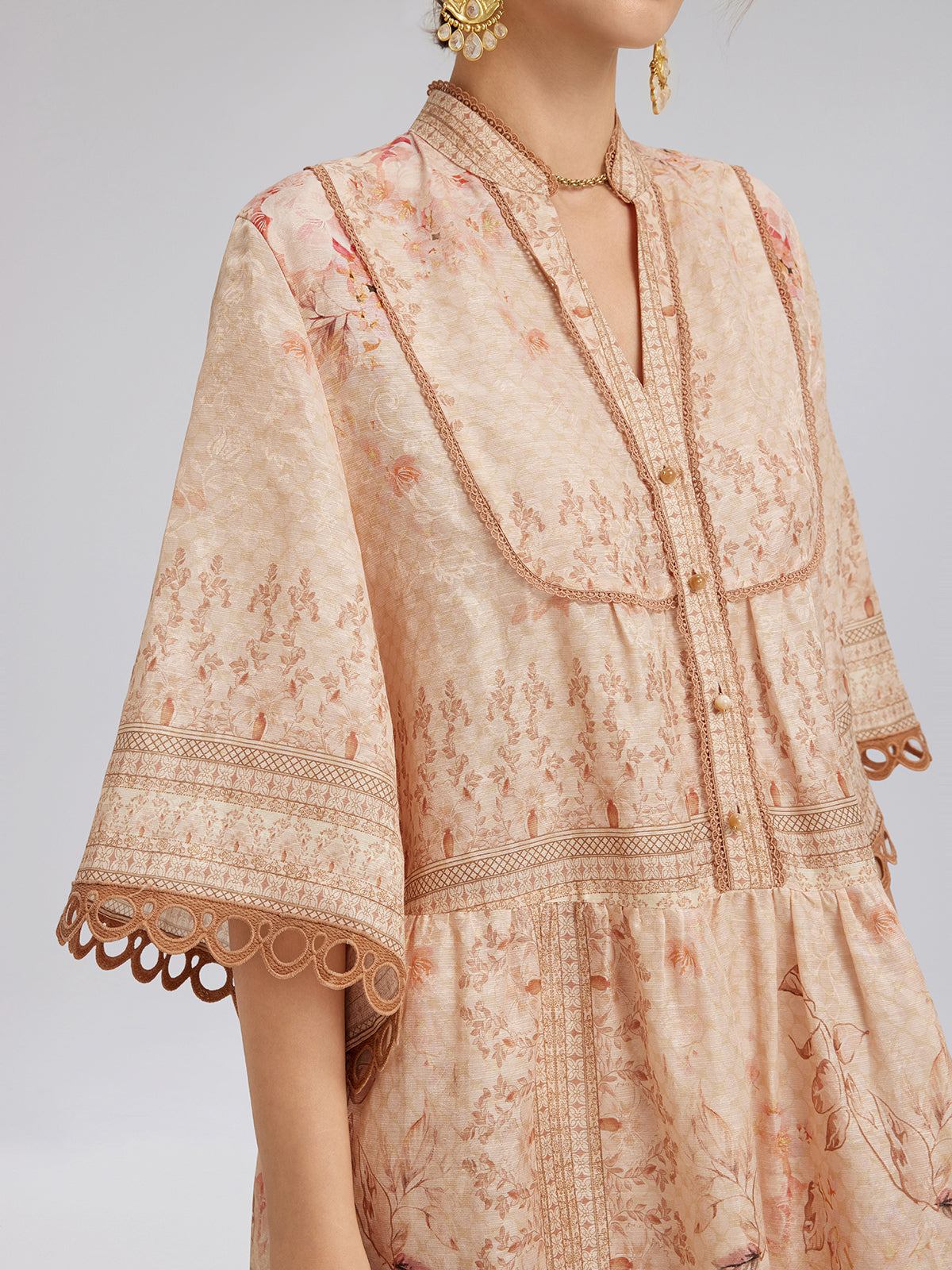 Silk Baroque Print Stand Collar Dress (Belt Included)