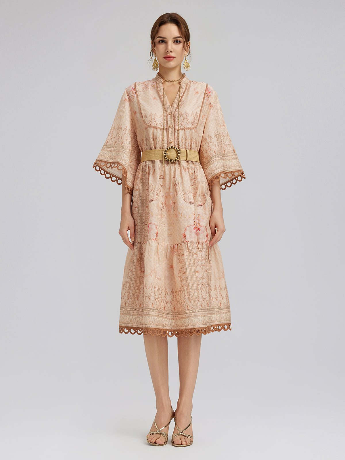 Silk Baroque Print Stand Collar Dress (Belt Included)