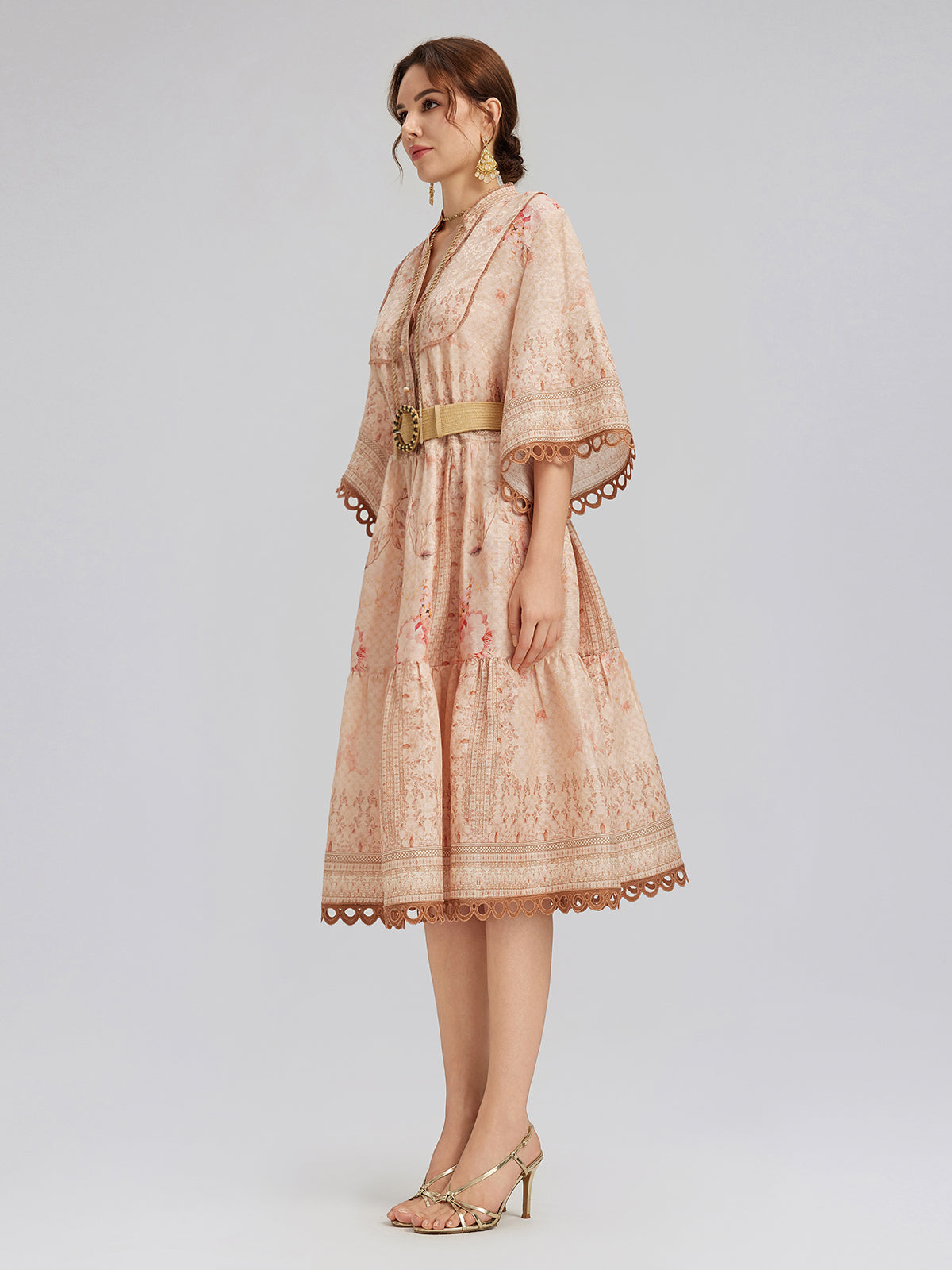 Silk Baroque Print Stand Collar Dress (Belt Included)