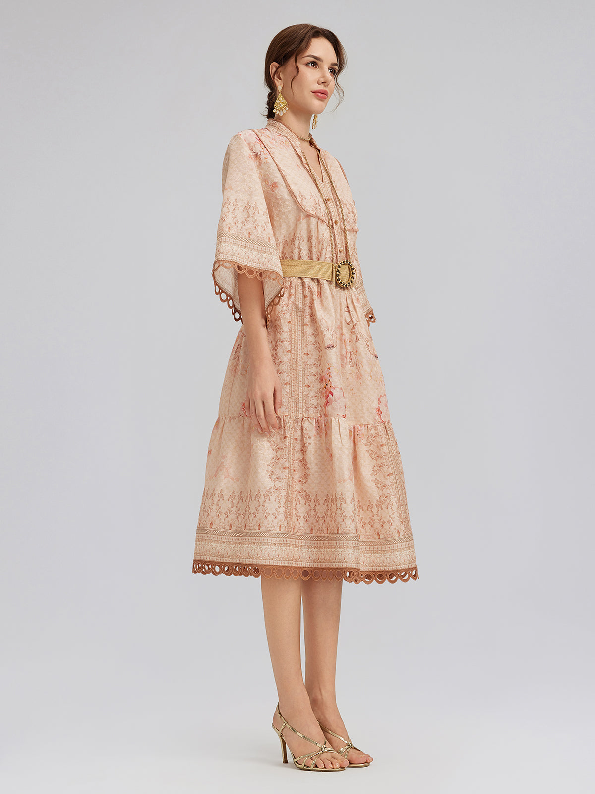 Silk Baroque Print Stand Collar Dress (Belt Included)