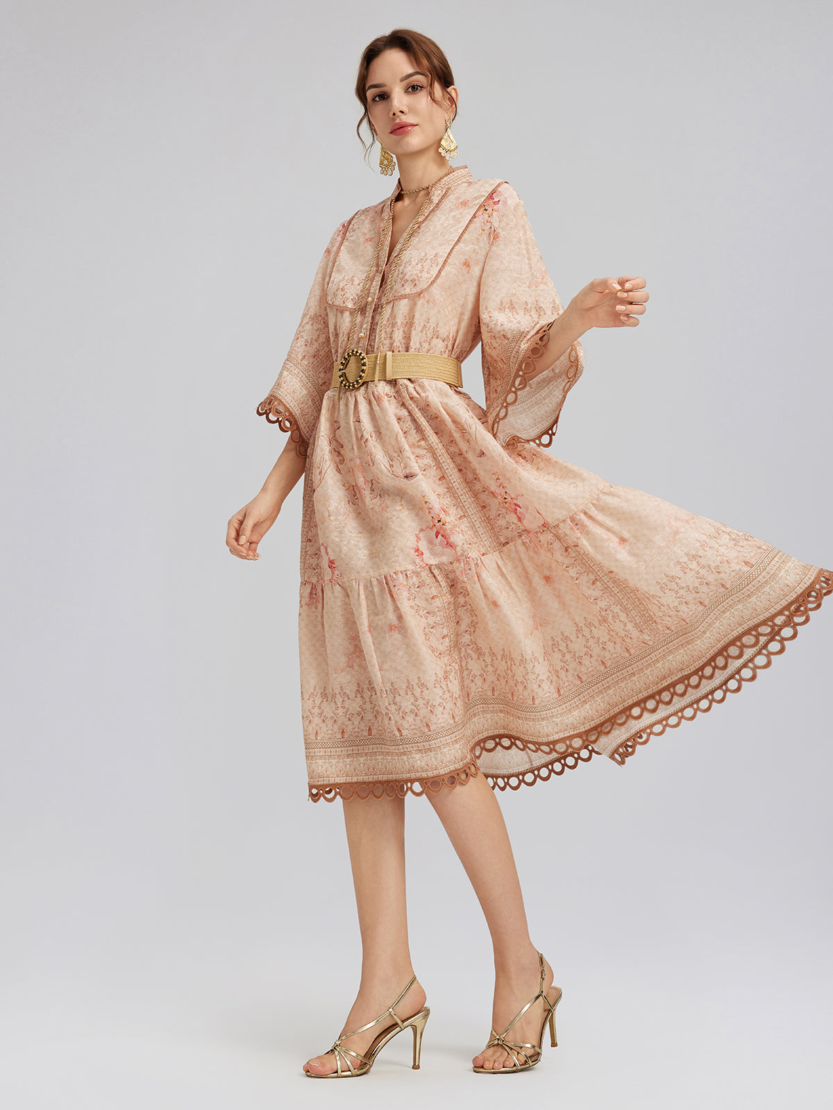 Silk Baroque Print Stand Collar Dress (Belt Included)