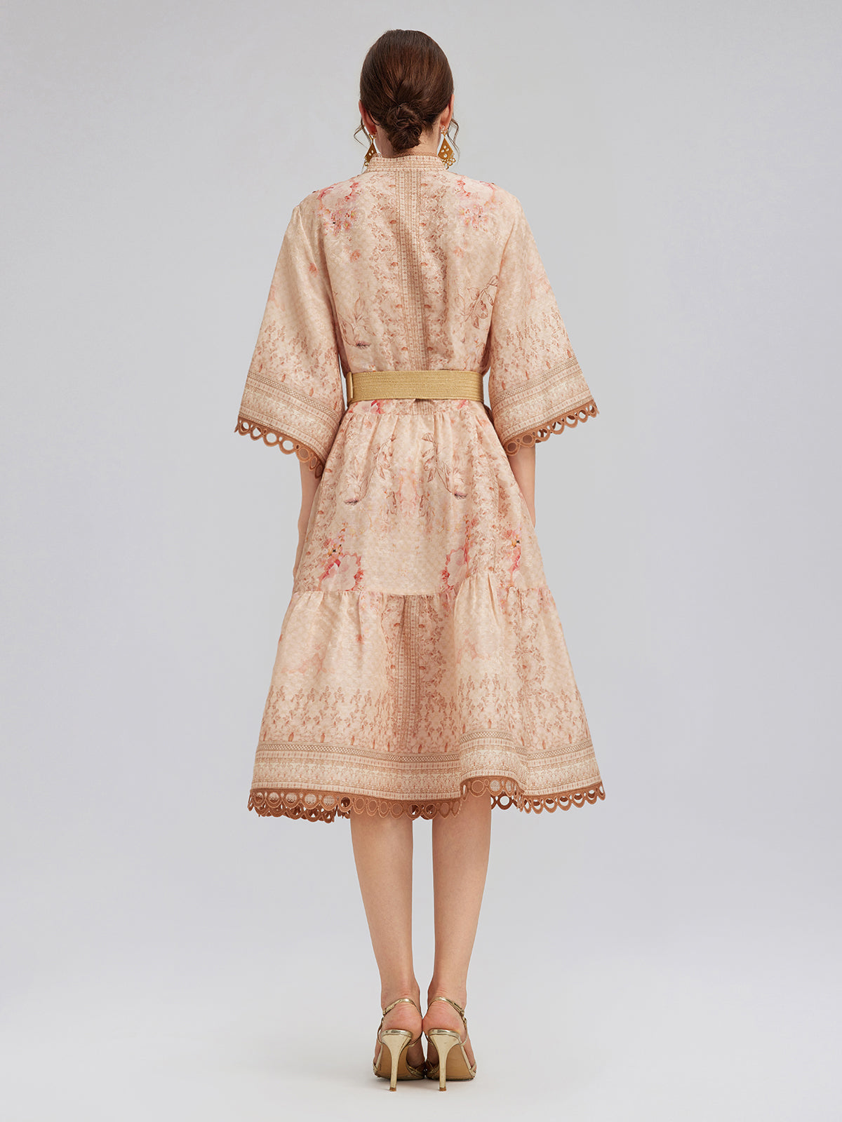 Silk Baroque Print Stand Collar Dress (Belt Included)