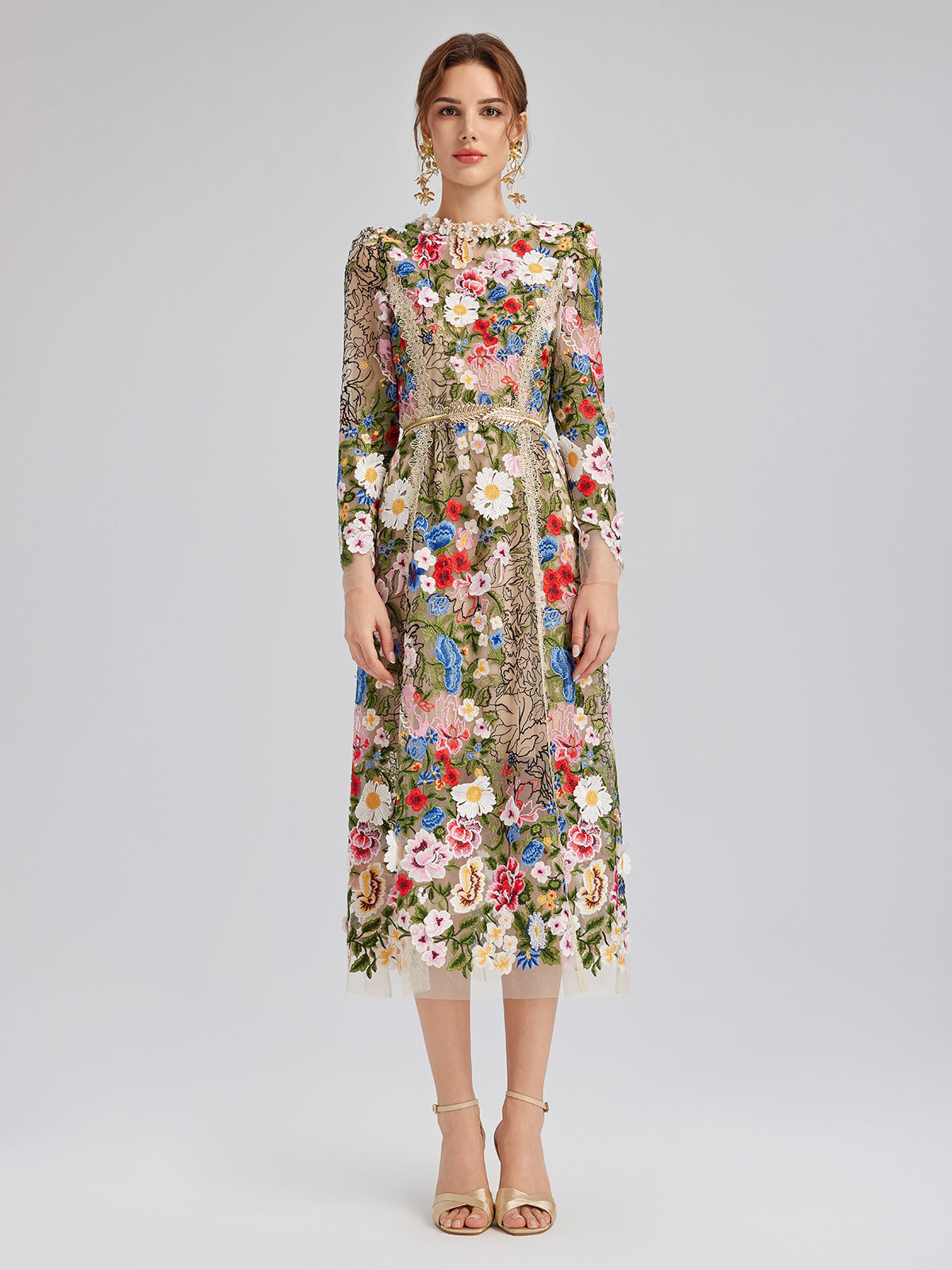 Embroidered Beaded Multicolored Floral Tulle Dress