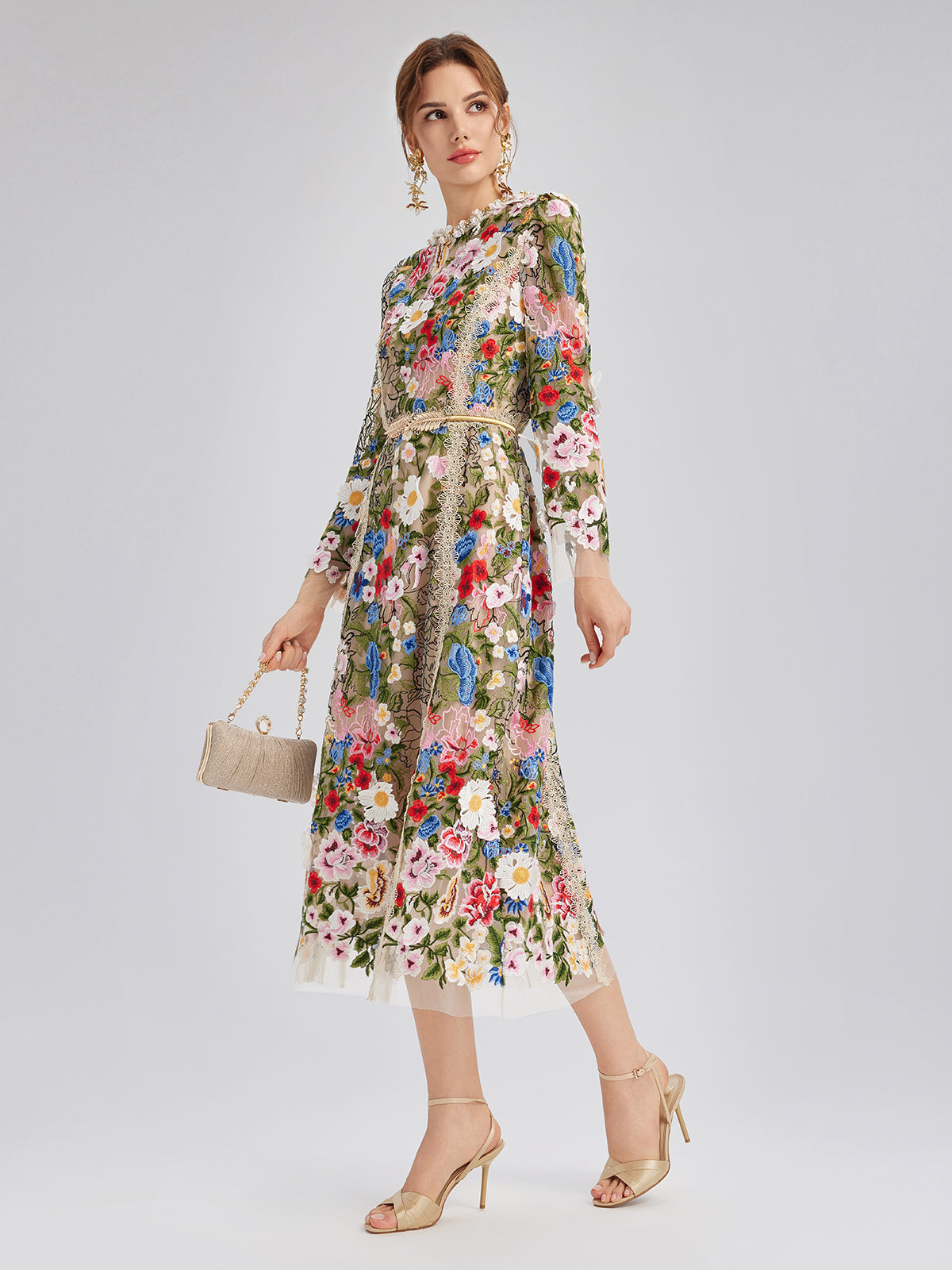 Embroidered Beaded Multicolored Floral Tulle Dress