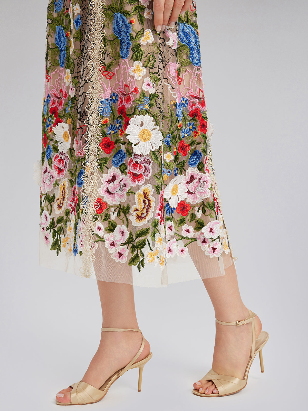 Embroidered Beaded Multicolored Floral Tulle Dress