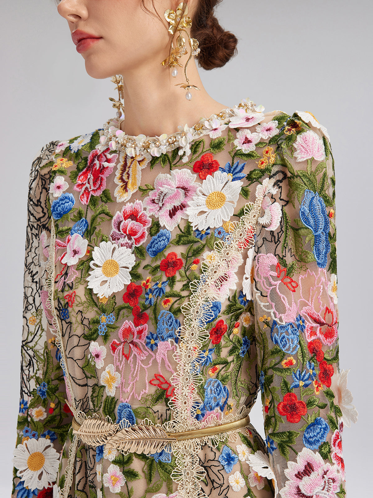 Embroidered Beaded Multicolored Floral Tulle Dress