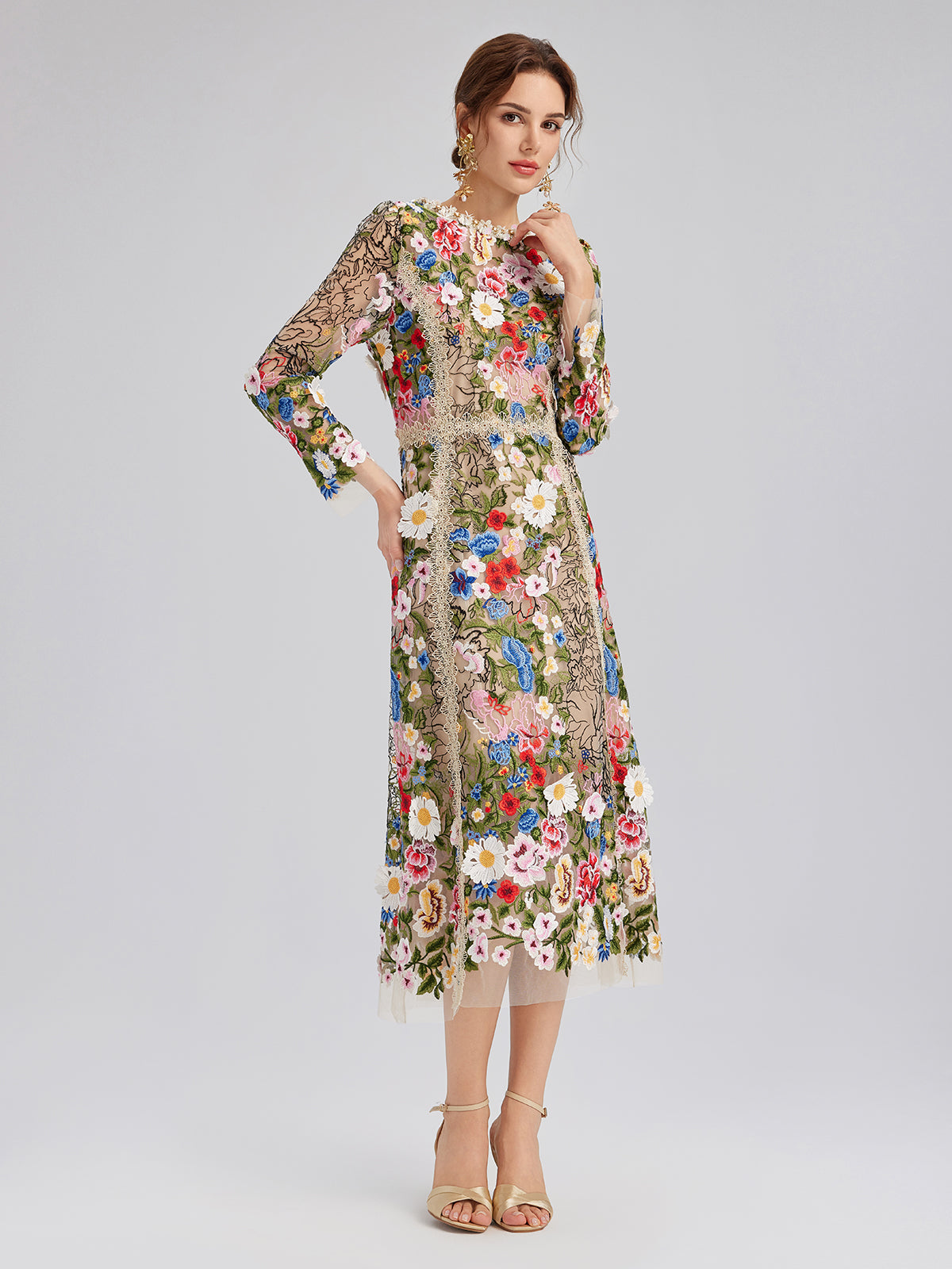 Embroidered Beaded Multicolored Floral Tulle Dress