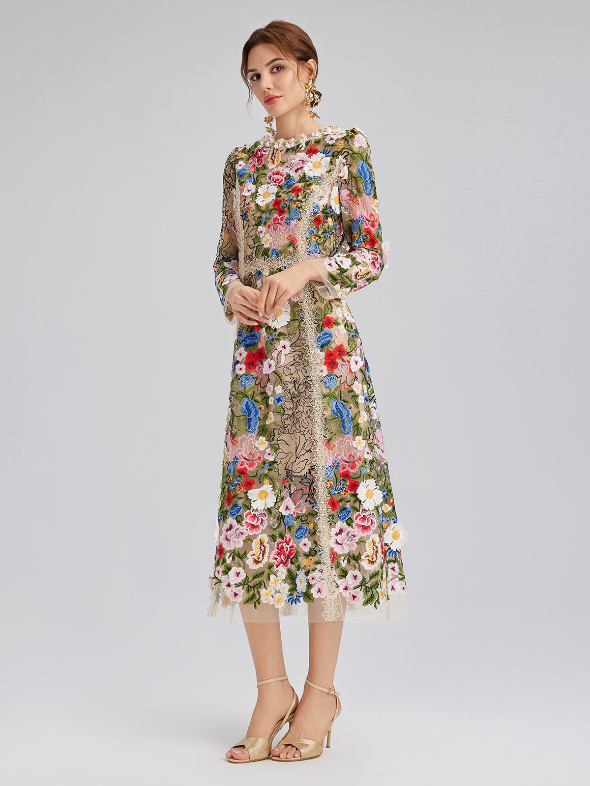 Embroidered Beaded Multicolored Floral Tulle Dress