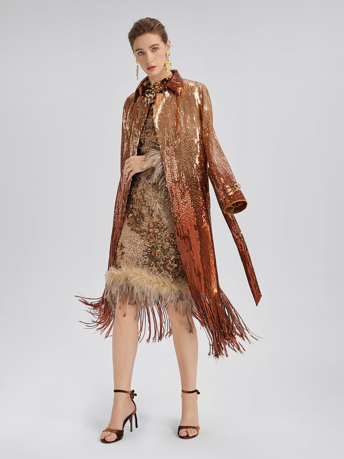 Hand-Beaded Floral Sequins & Feather Dress