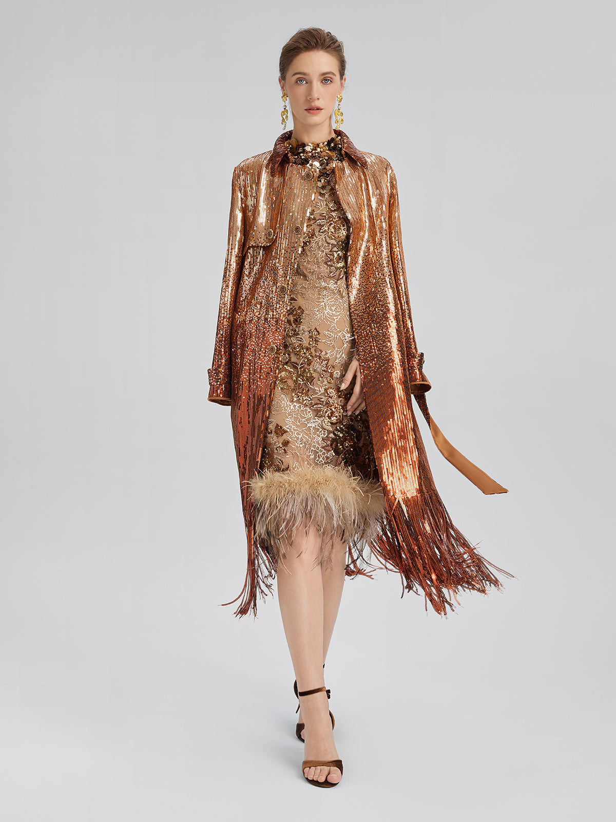 Hand-Beaded Floral Sequins & Feather Dress