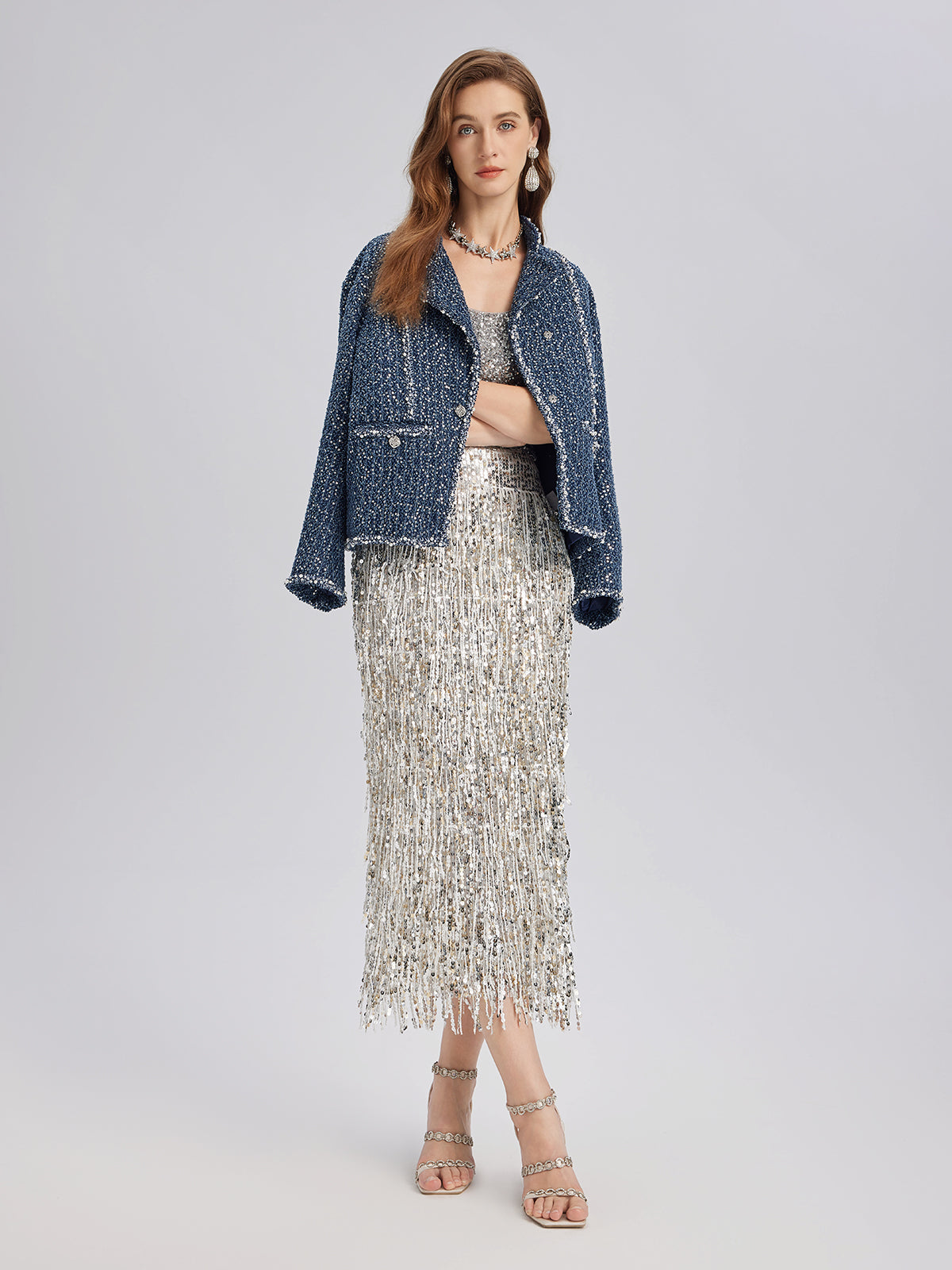 Tassel Sequin Midi Skirt
