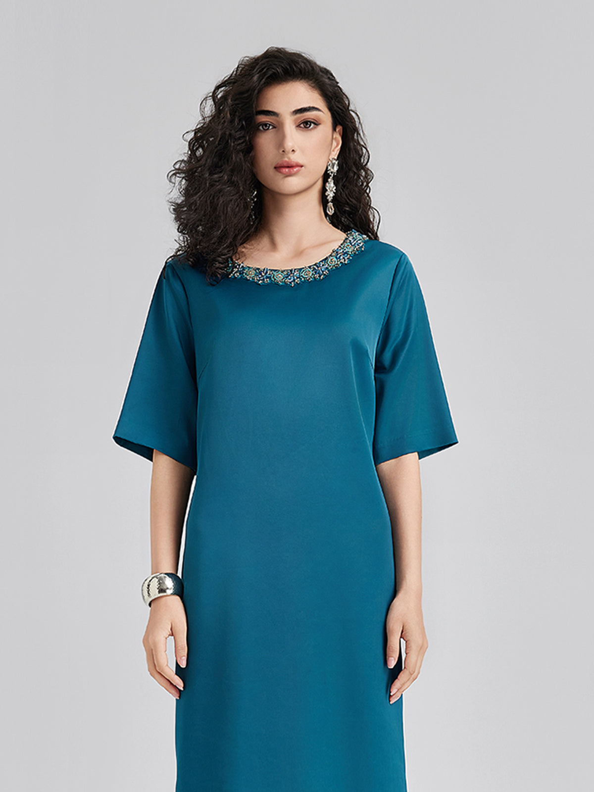 Intricate Crystal-Embellished Elegant Satin Dress
