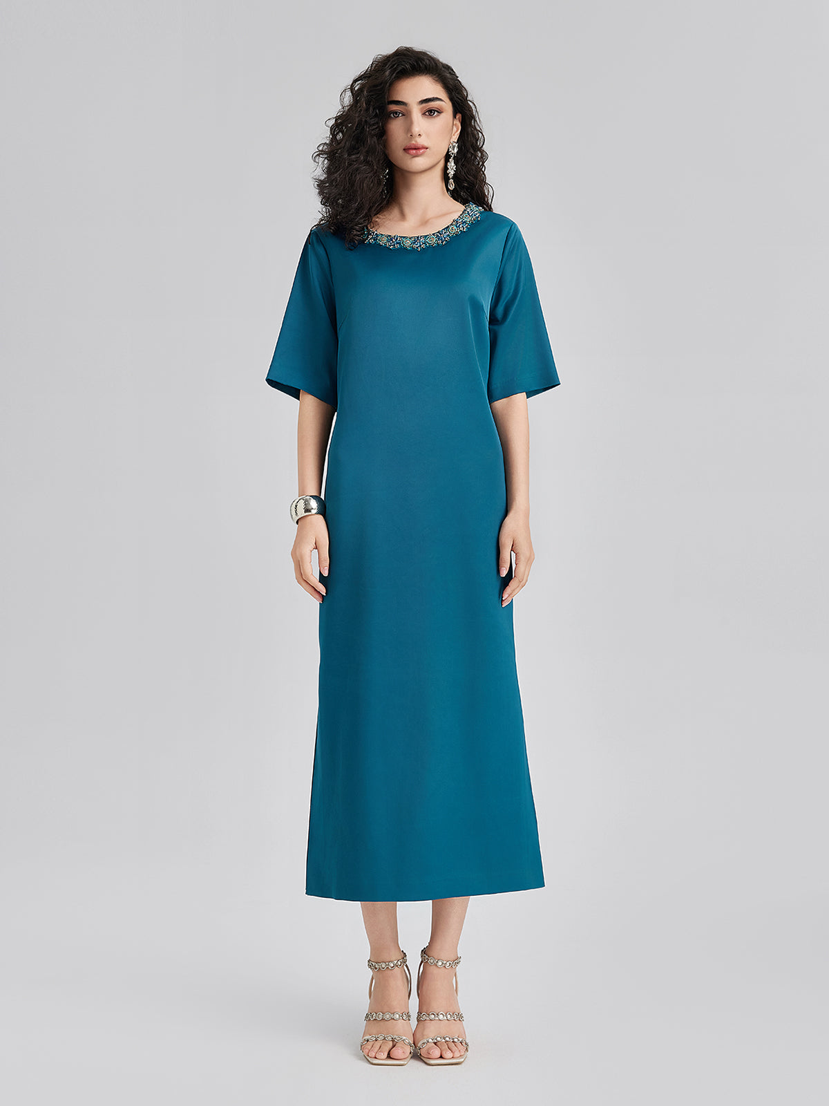 Intricate Crystal-Embellished Elegant Satin Dress