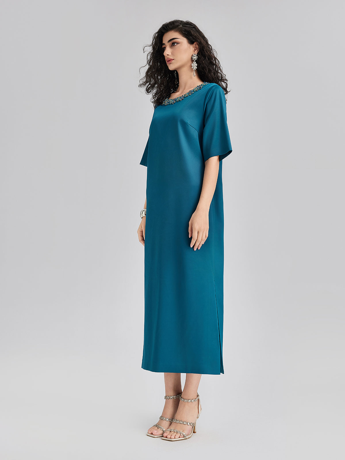 Intricate Crystal-Embellished Elegant Satin Dress