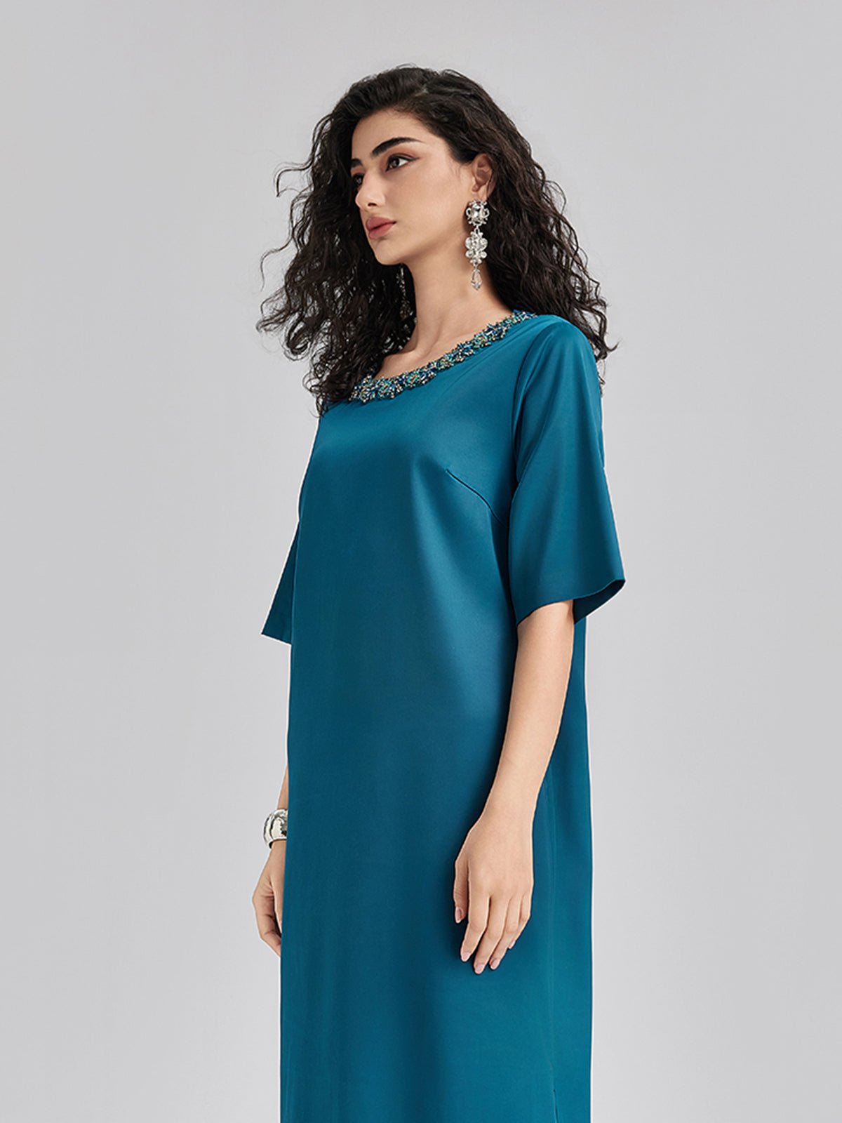 Intricate Crystal-Embellished Elegant Satin Dress