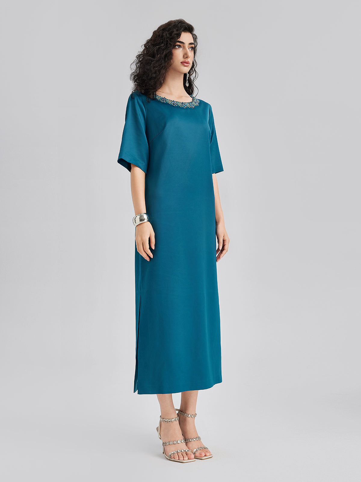 Intricate Crystal-Embellished Elegant Satin Dress