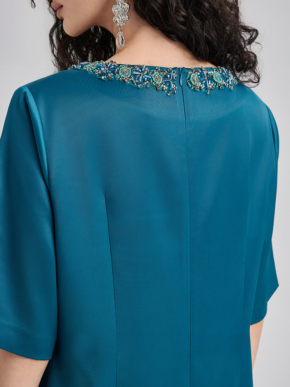 Intricate Crystal-Embellished Elegant Satin Dress