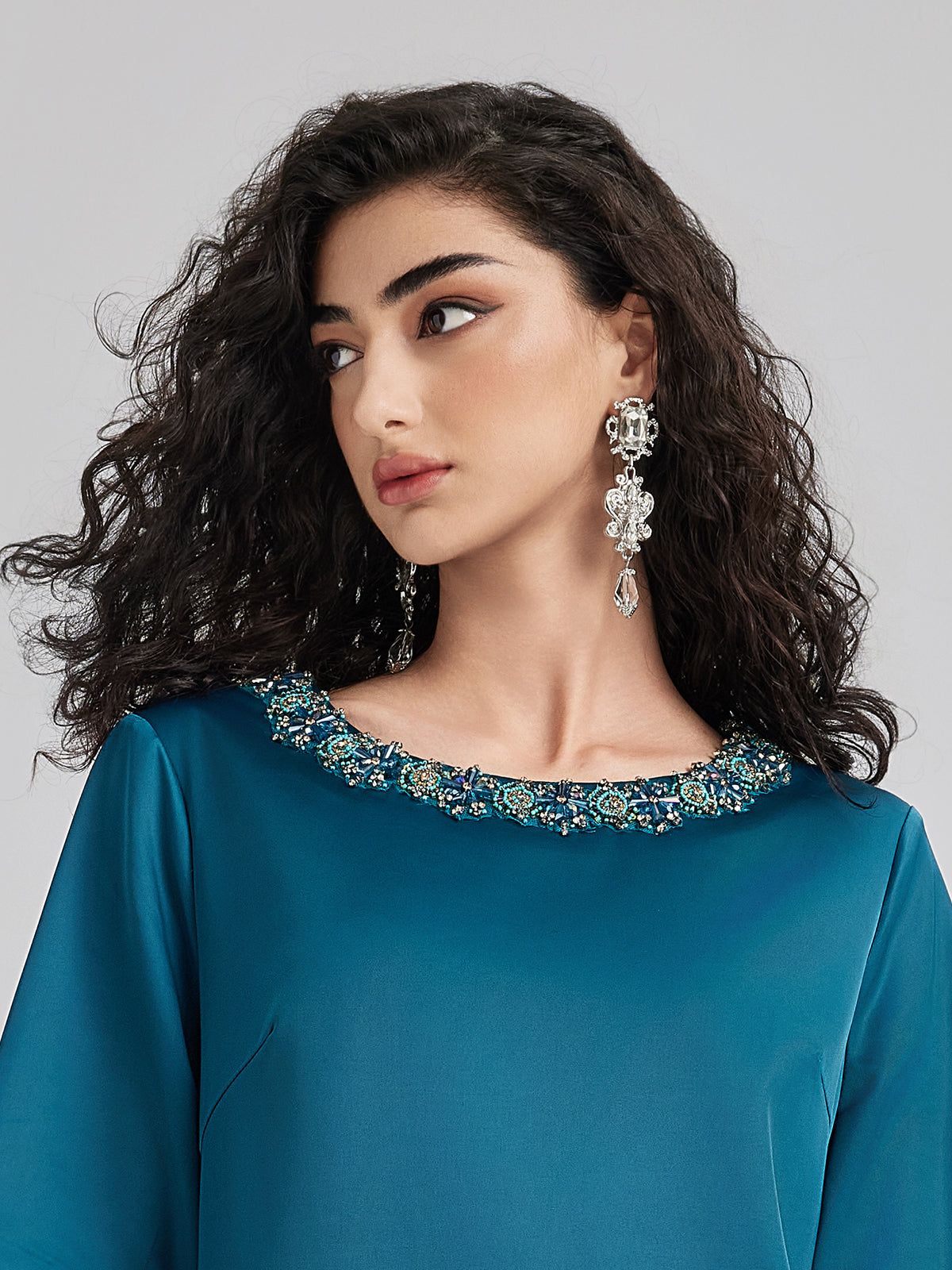Intricate Crystal-Embellished Elegant Satin Dress
