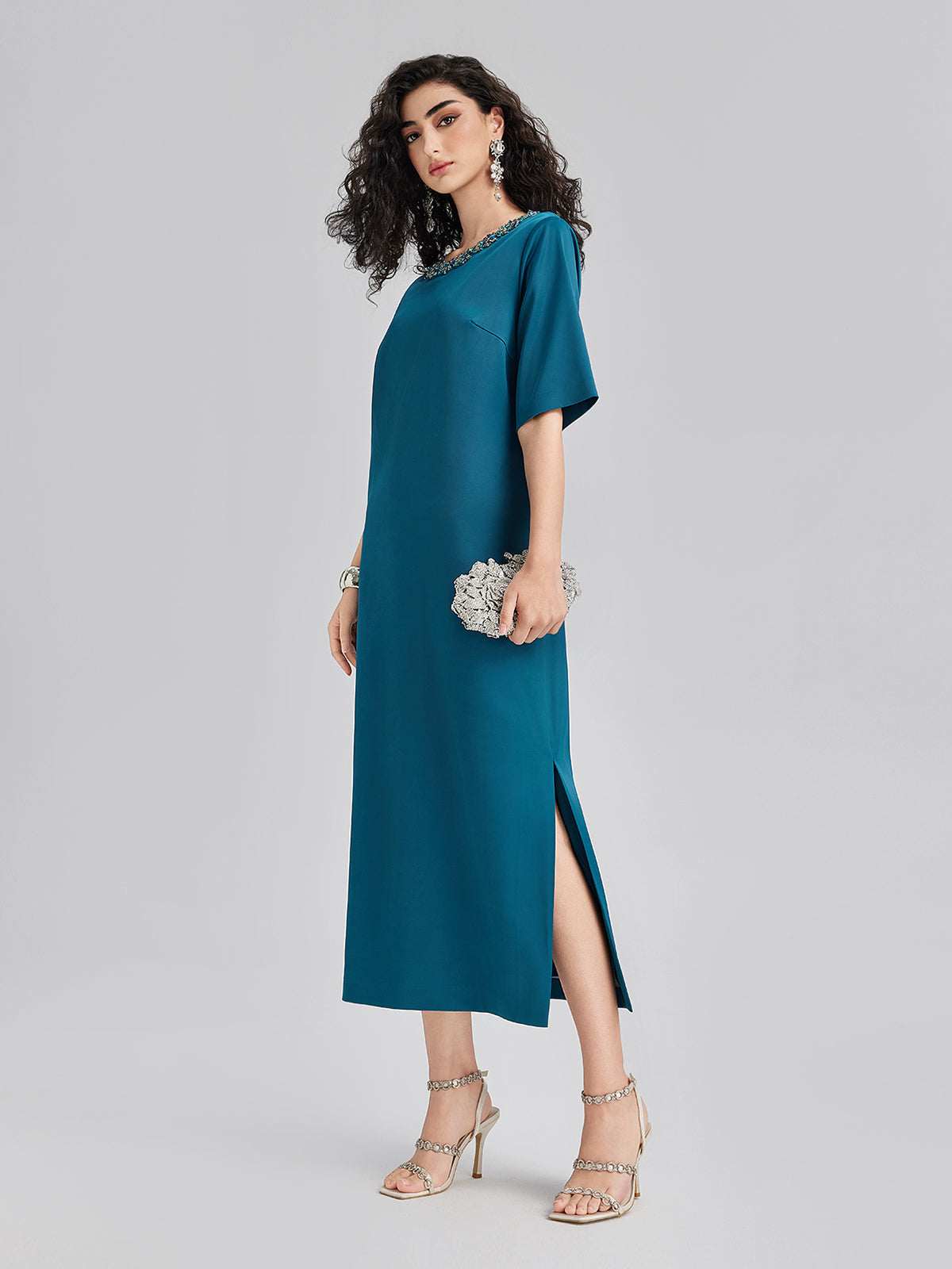 Intricate Crystal-Embellished Elegant Satin Dress