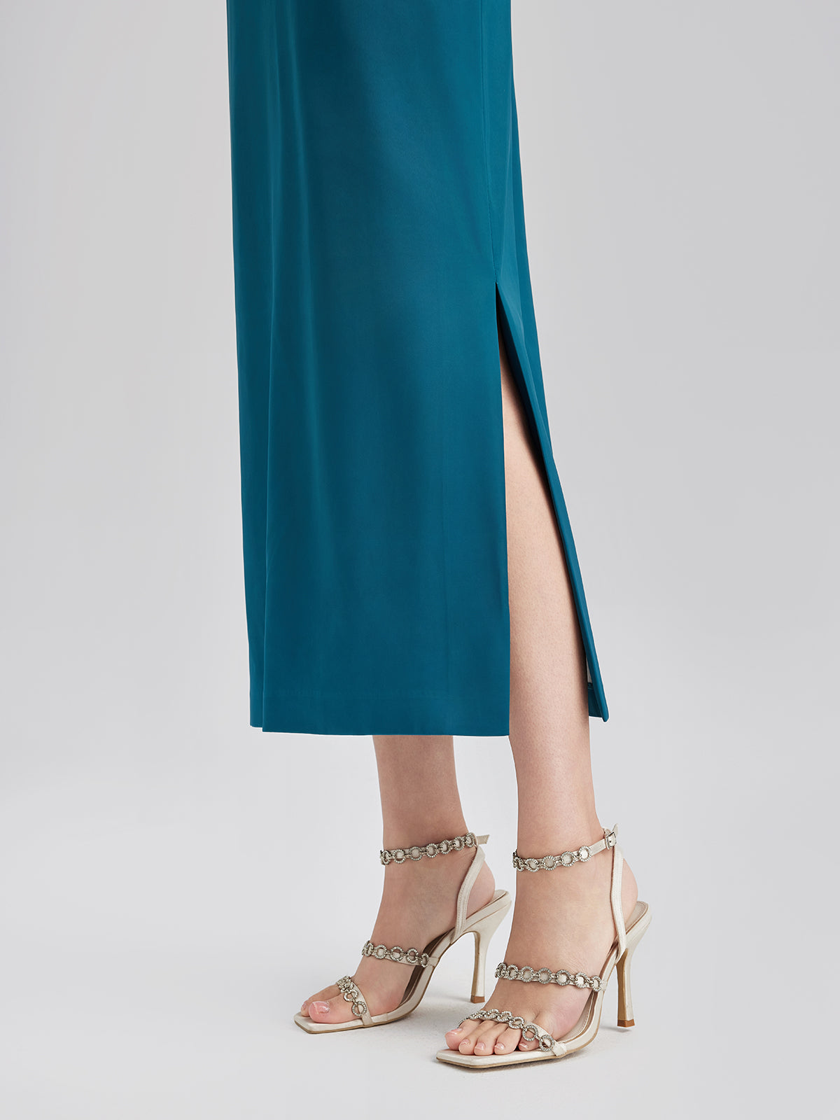 Intricate Crystal-Embellished Elegant Satin Dress
