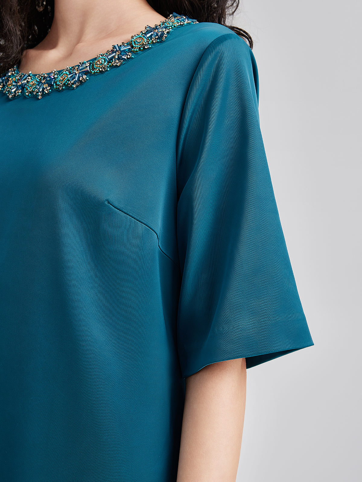 Intricate Crystal-Embellished Elegant Satin Dress