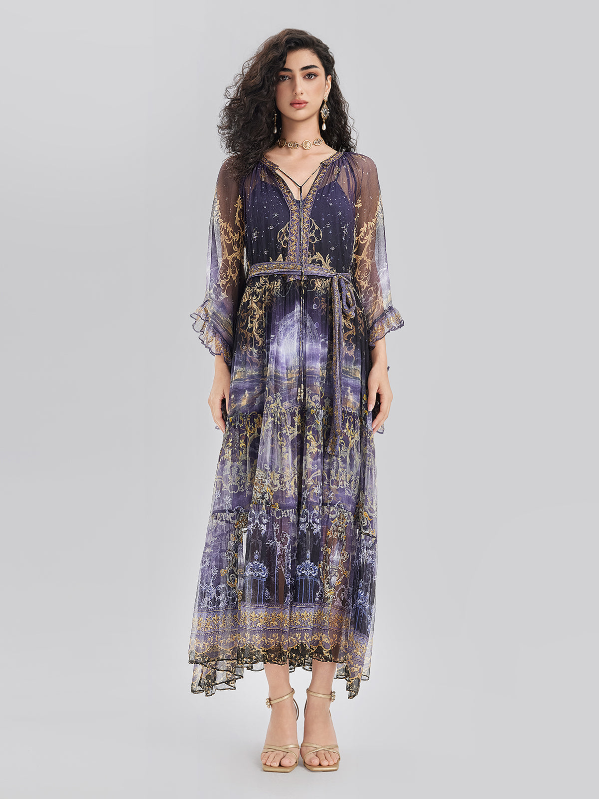 Silk Crystal-Embellished Baroque Print Dress