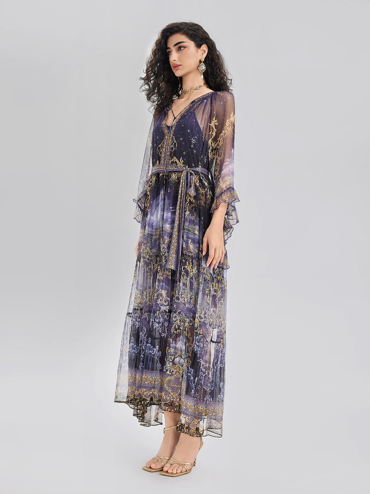 Silk Crystal-Embellished Baroque Print Dress