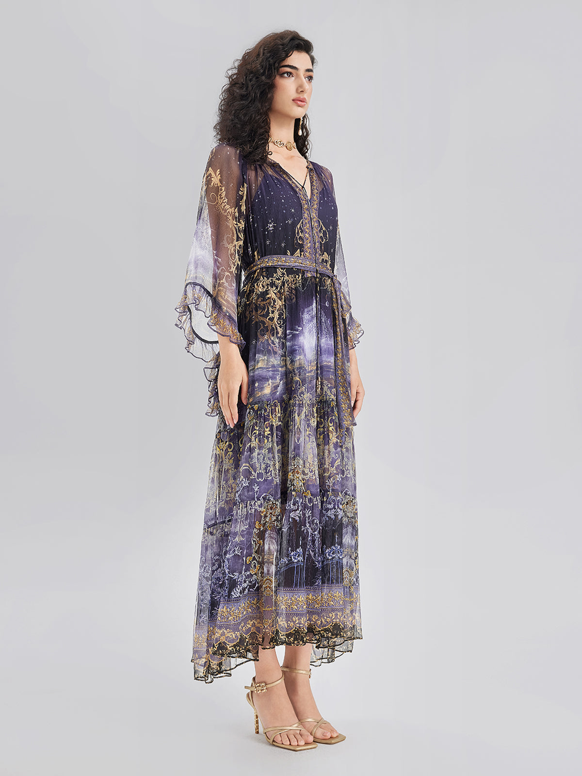 Silk Crystal-Embellished Baroque Print Dress