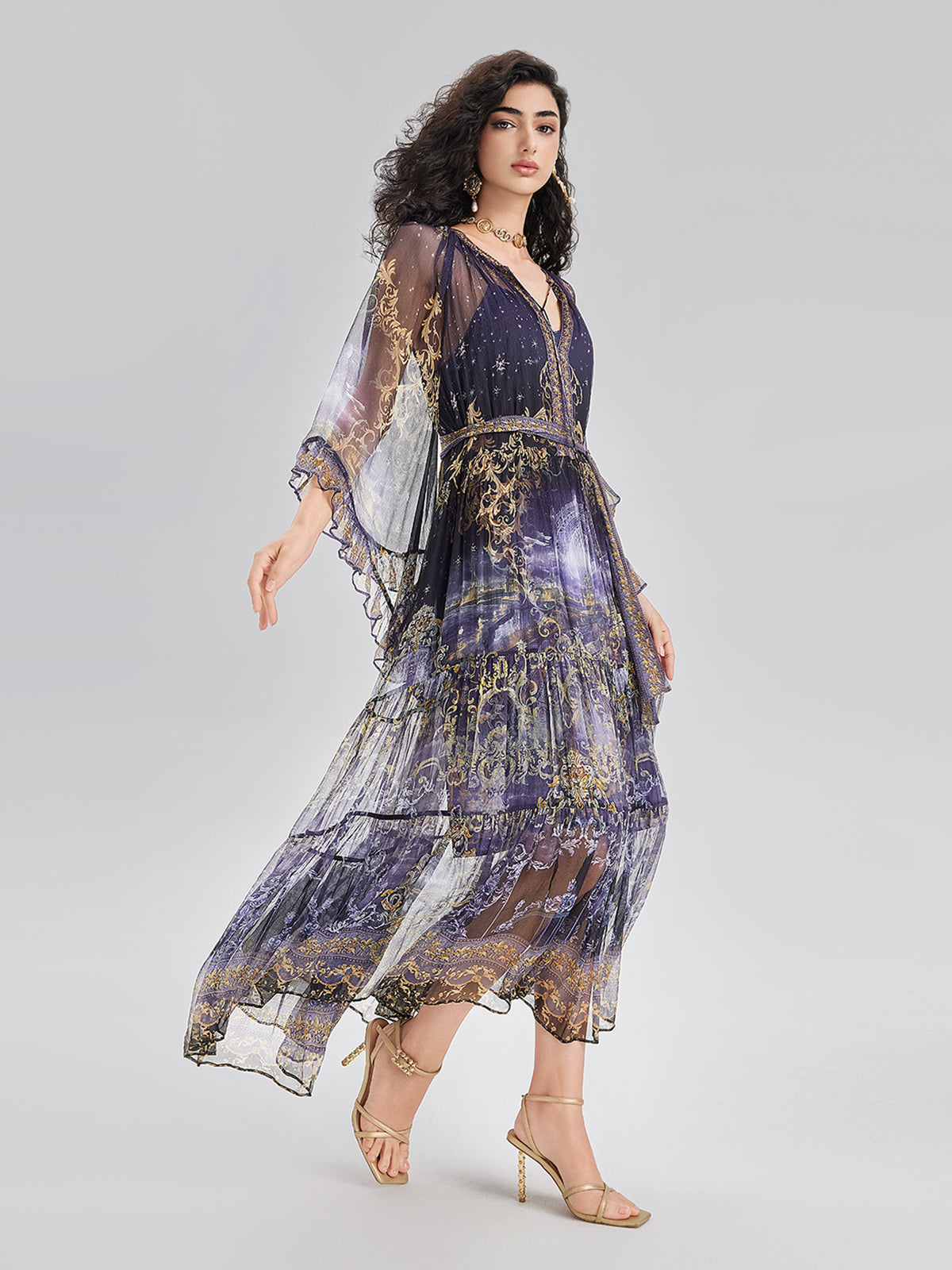 Silk Crystal-Embellished Baroque Print Dress