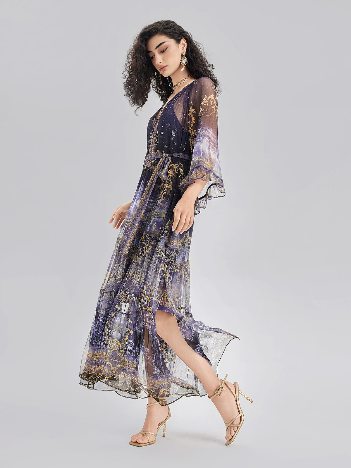 Silk Crystal-Embellished Baroque Print Dress