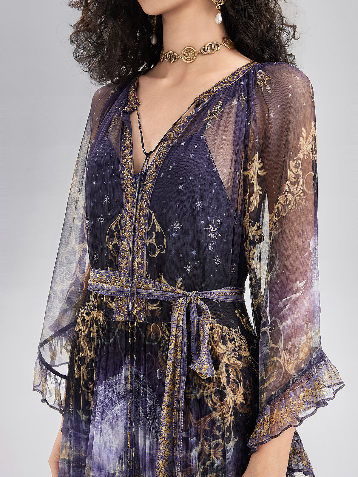 Silk Crystal-Embellished Baroque Print Dress