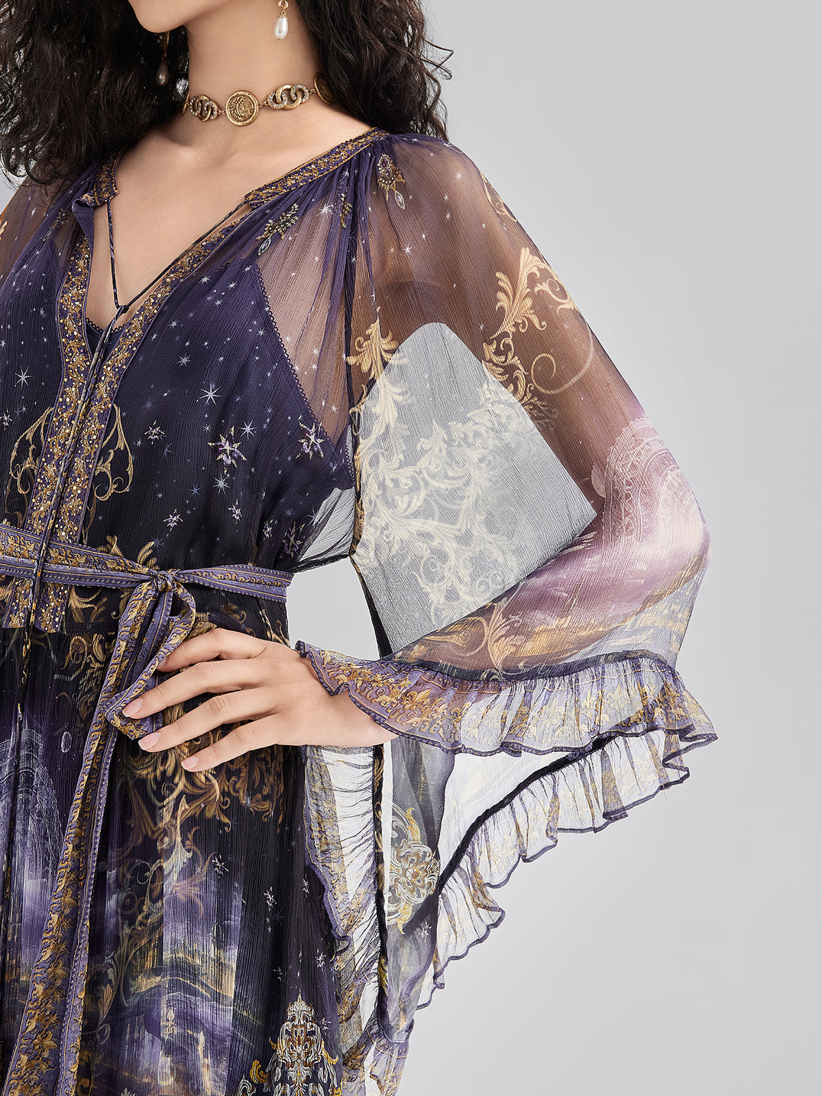 Silk Crystal-Embellished Baroque Print Dress